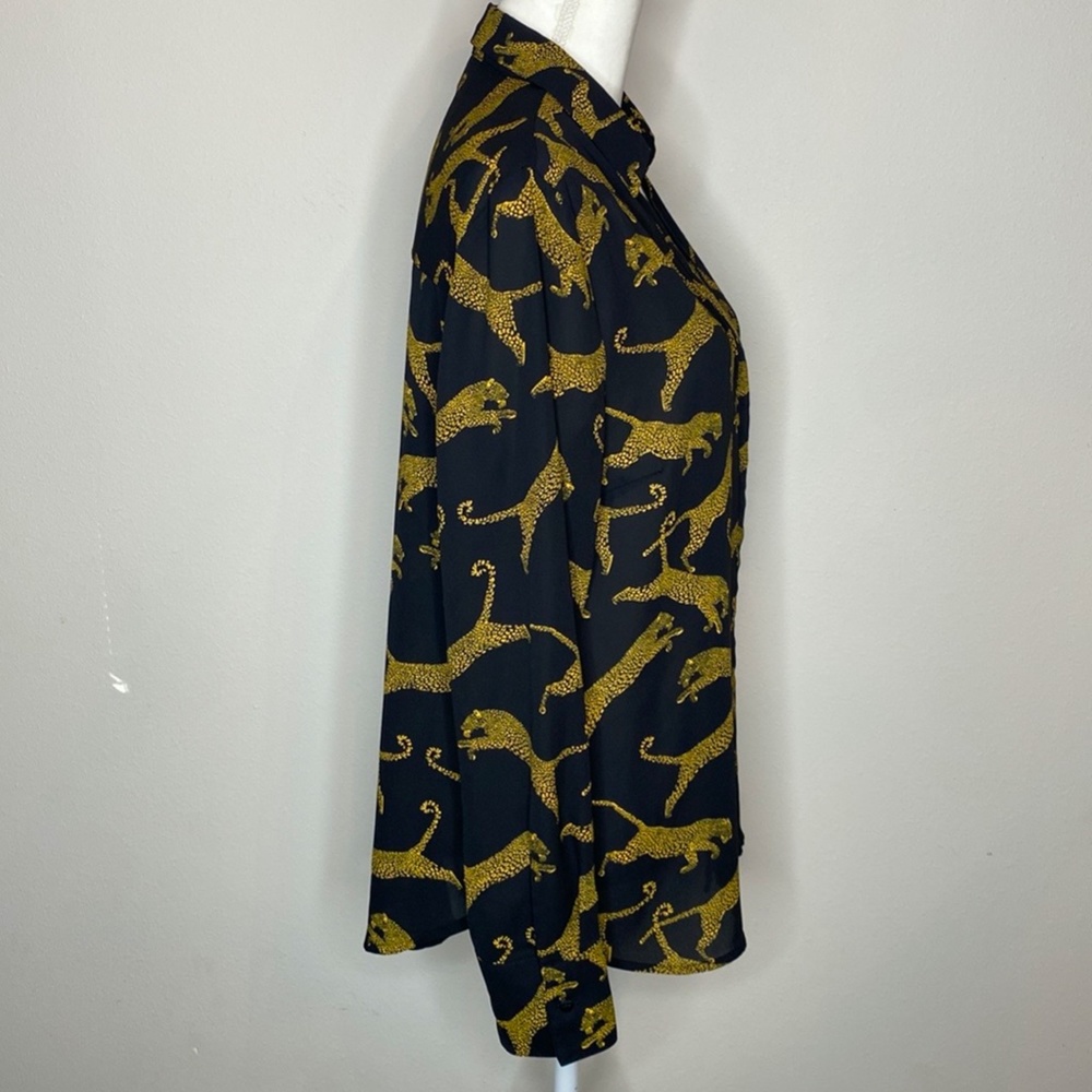 Worthingotn Black/Amber Leopard Print V-Neck Button Up Long Sleeve Blouse Size L - Picture 6 of 13